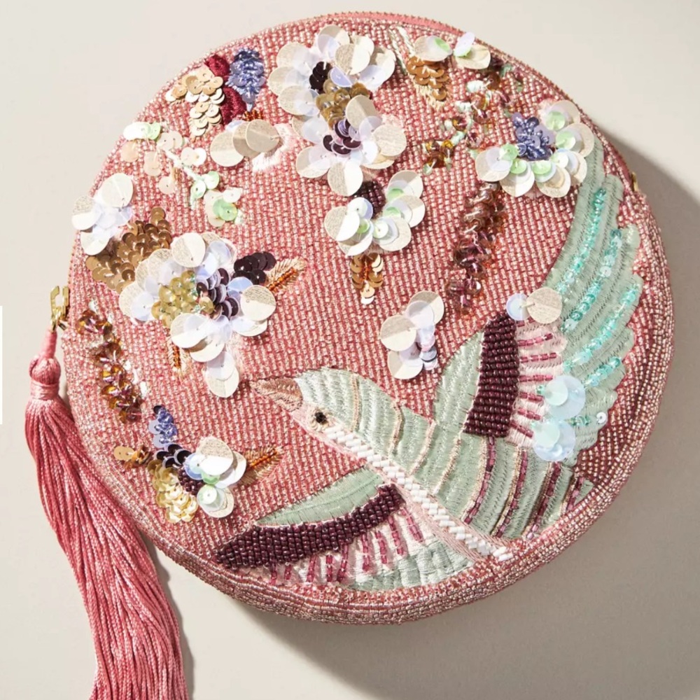 Anthropologie “monogrammed” (bird) embellished pouch, beaded